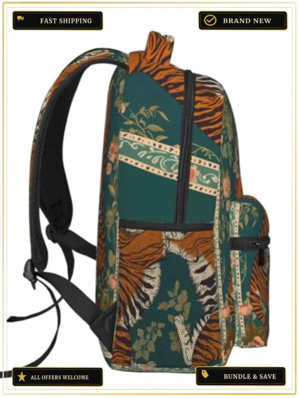 Vintage Tiger Floral Backpack Lightweight Laptop Daypack Boho Animal Bookbag